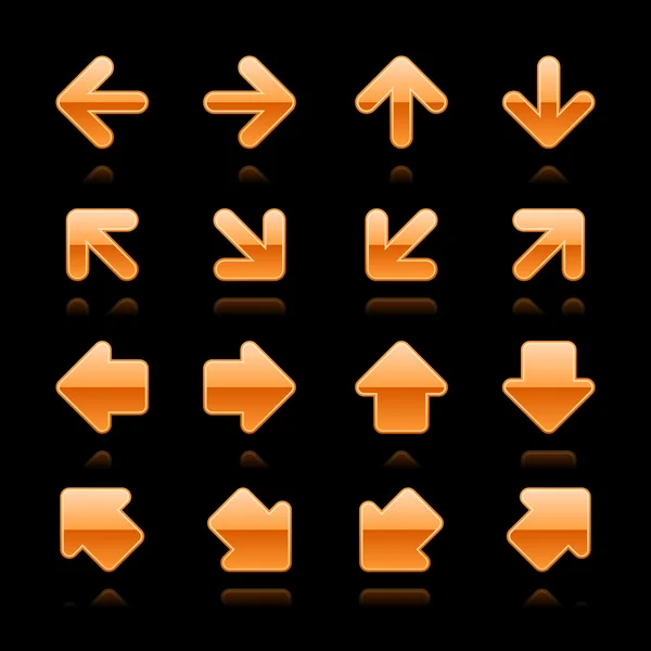 Gematteerde oranje pijl-knop ondertekenen web 2.0 met reflectie op zwarte achtergrond — Stockvector