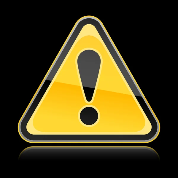 Segno di avvertimento lucido con simbolo del punto esclamativo su sfondo nero — Vettoriale Stock