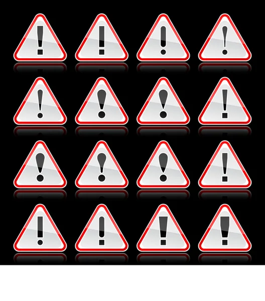 Rotes Warnschild mit Ausrufezeichen. abgerundete Dreiecksform mit Farbreflexion auf schwarzem Hintergrund. 10 Folgen — Stockvektor