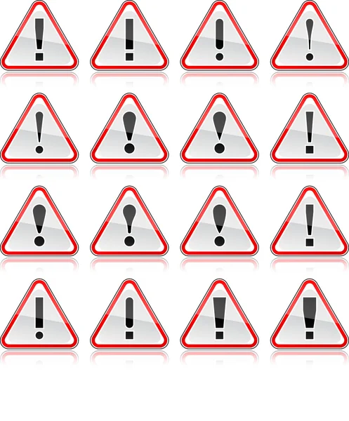 Red warning attention sign with exclamation mark. Rounded triangle shape with color reflection on white background. 10 eps — Stock Vector