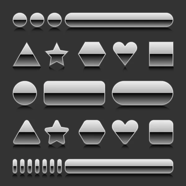 Prata em branco web 2.0 forma geométrica botão de metal várias formas com reflexão preta sobre fundo cinza — Vetor de Stock