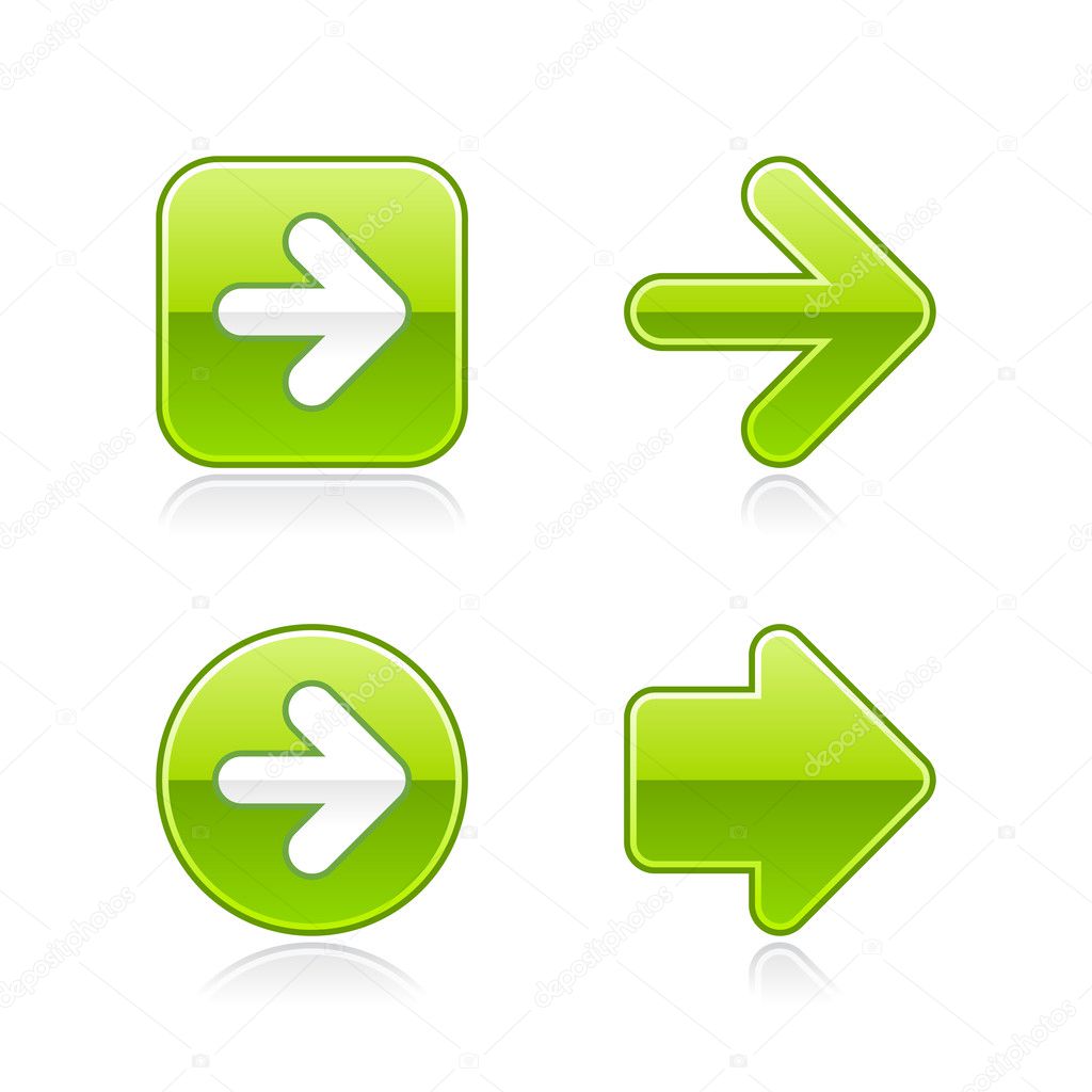 4 glossy arrow sign web 2.0 stickers. Green button with gray shadow on white. 10 eps