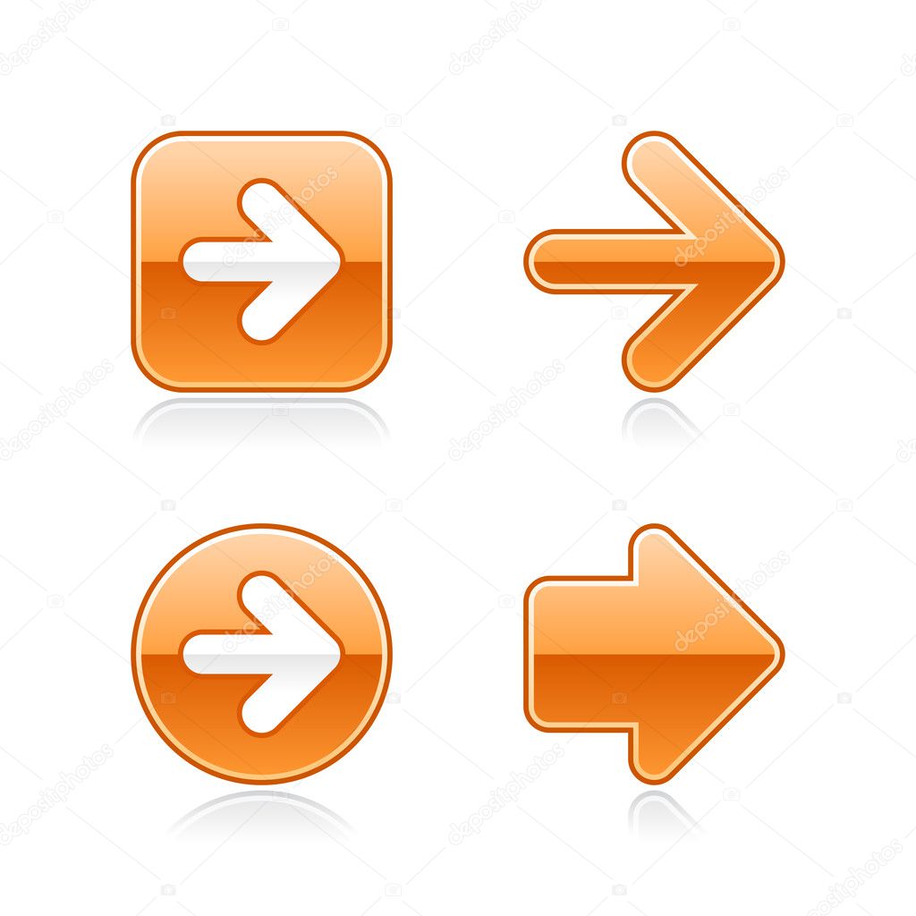 4 glossy arrow sign web 2.0 stickers. Orange button with gray shadow on white. 10 eps