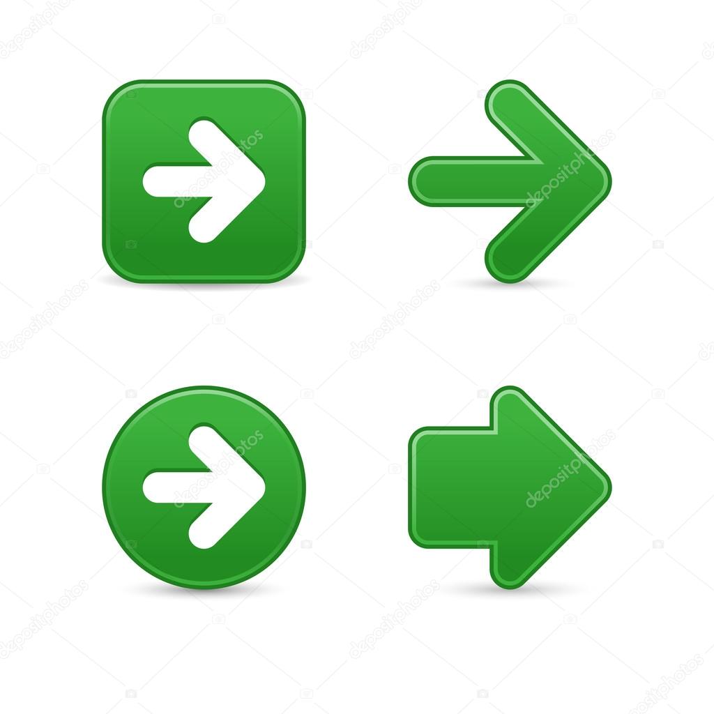 Satin green arrow sign web 2.0 buttons with shadow on white background