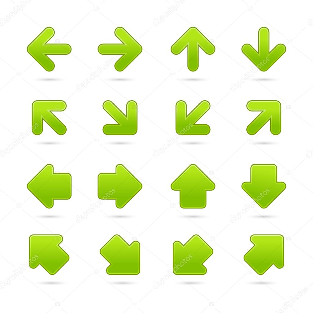 Green arrow sign sticker web button. Vector saved in EPS 10. Blank satin shapes with gray drop shadow on white background.