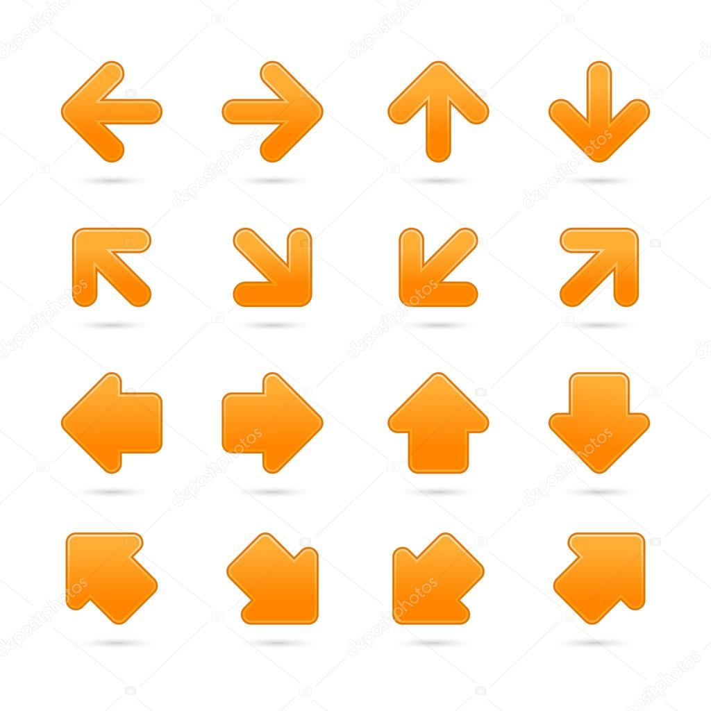 Orange arrow sign sticker web button. Vector saved in EPS 10. Blank satin shapes with gray drop shadow on white background.