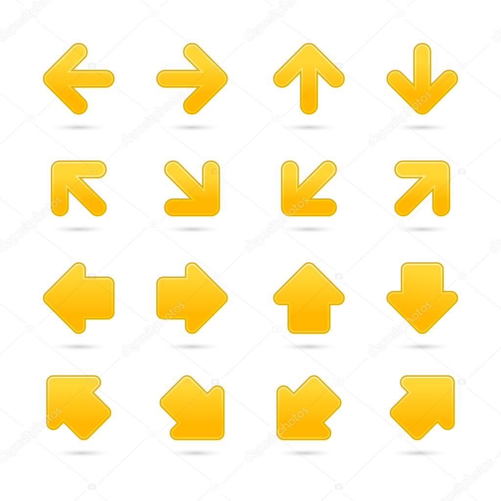 Yellow arrow sign sticker web button. Vector saved in EPS 10. Blank satin shapes with gray drop shadow on white background.