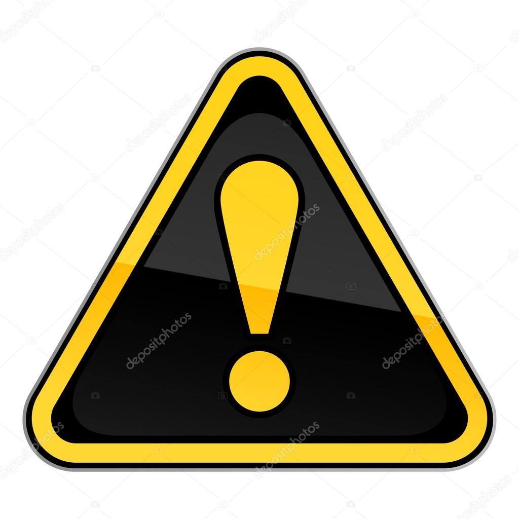 Yellow hazard warning attention sign with exclamation mark on white