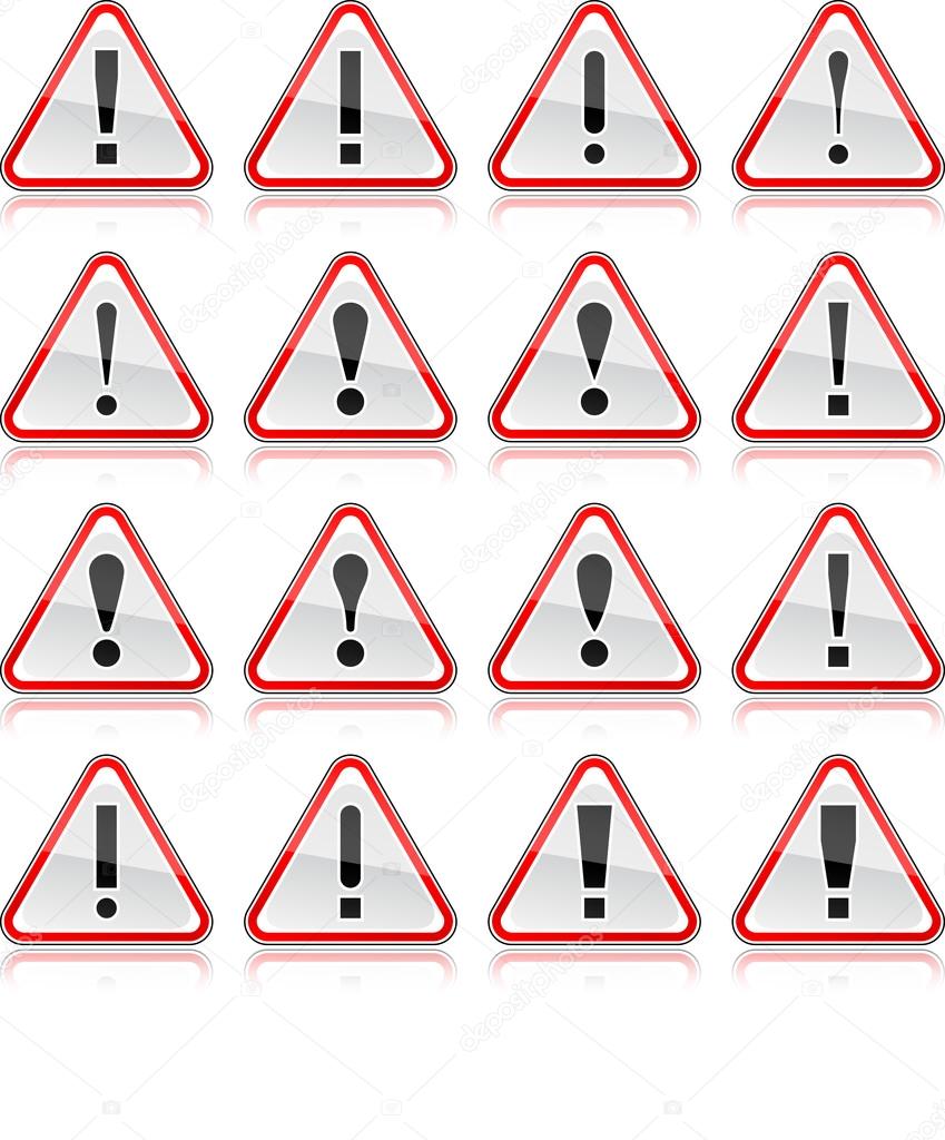 Red warning attention sign with exclamation mark. Rounded triangle shape with color reflection on white background. 10 eps