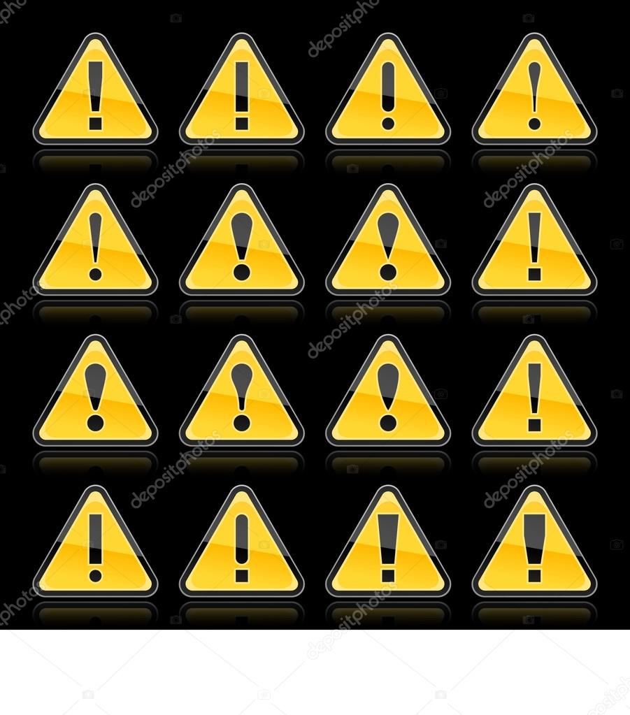 Attention warning sign with exclamation mark symbol. Yellow rounded triangle shape with color reflection on black background. This vector illustration saved in 10 eps