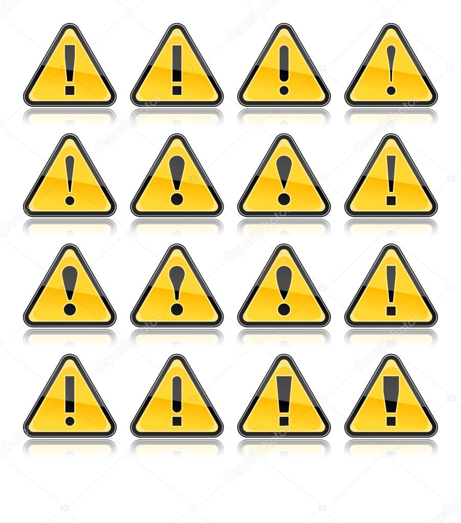 Yellow warning sign with exclamation mark symbol. Rounded triangle shape with color reflection on white background. 10 eps