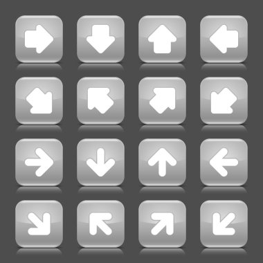 Beyaz ok işareti ile gri parlak web düğme. yuvarlatılmış kare şekli Internet simgesini gölge ve yansıma koyu gri arka plan üzerinde. 8 eps kaydedilen bu vektör çizim