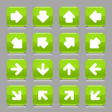 Green glossy web button with white arrow sign. Rounded square shape internet icon with shadow and reflection on light gray background. This vector illustration created and saved in 8 eps clipart