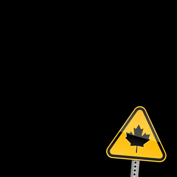 Pequeno sinal de aviso de estrada amarelo com símbolo de folha de bordo canadense no fundo preto — Vetor de Stock