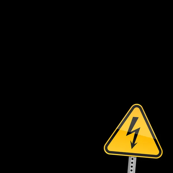 Small yellow road warning sign with high voltage symbol on black background — Stock Vector