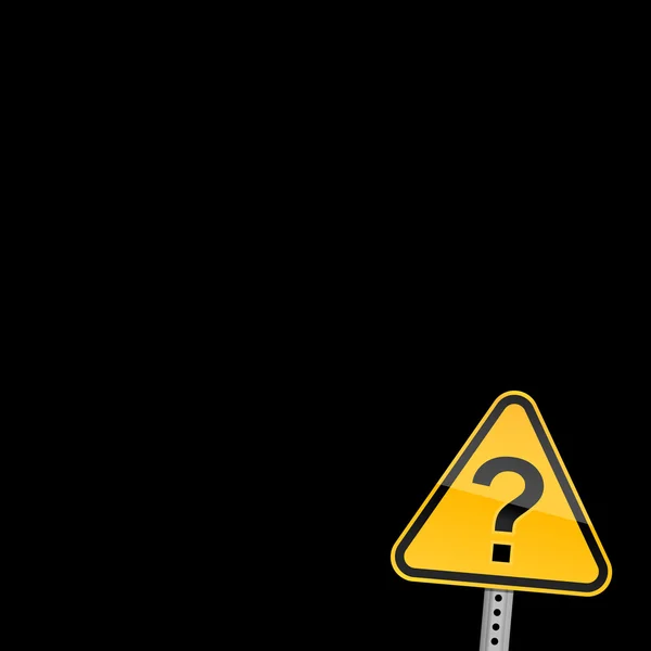 Pequeno sinal de aviso de estrada amarelo com símbolo de ponto de interrogação no fundo preto — Vetor de Stock