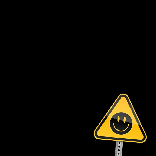 Pequeno sinal de aviso de estrada amarelo com símbolo de smiley preto no fundo preto — Vetor de Stock