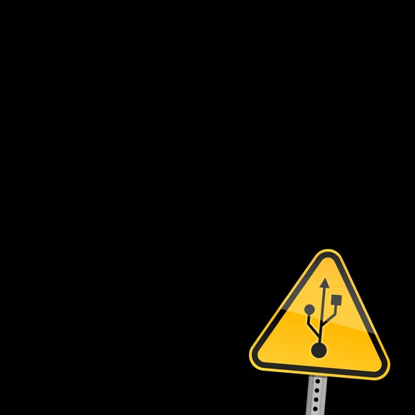 Pequeno sinal de advertência estrada amarela com símbolo usb no fundo preto — Vetor de Stock