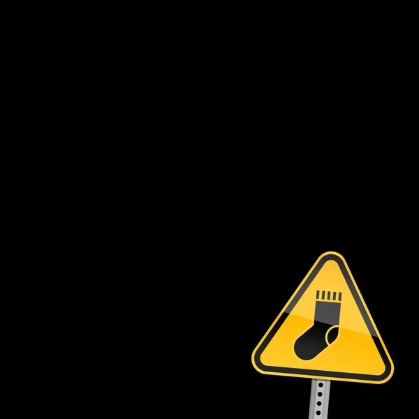 Panneau d'avertissement routier jaune avec symbole de chaussette et coin incurvé sur un fond arrière — Image vectorielle