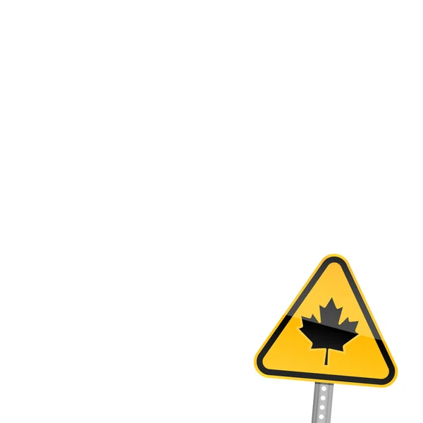 Pequeno sinal de aviso de estrada amarelo com símbolo de folha de bordo canadense — Vetor de Stock