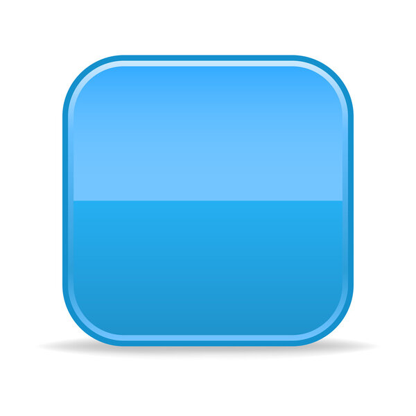 Matted blue satin blank rounded squares buttons with drop shadow on white background