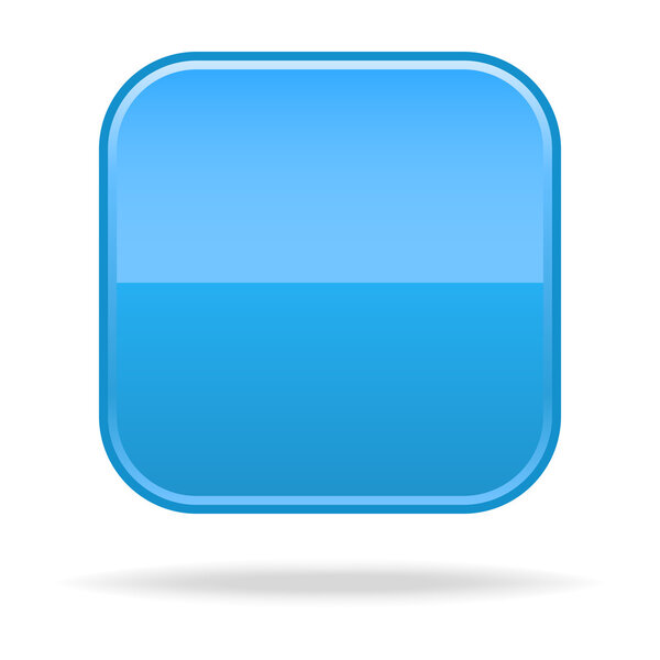 Matted blue satin blank rounded squares buttons with drop shadow on white background