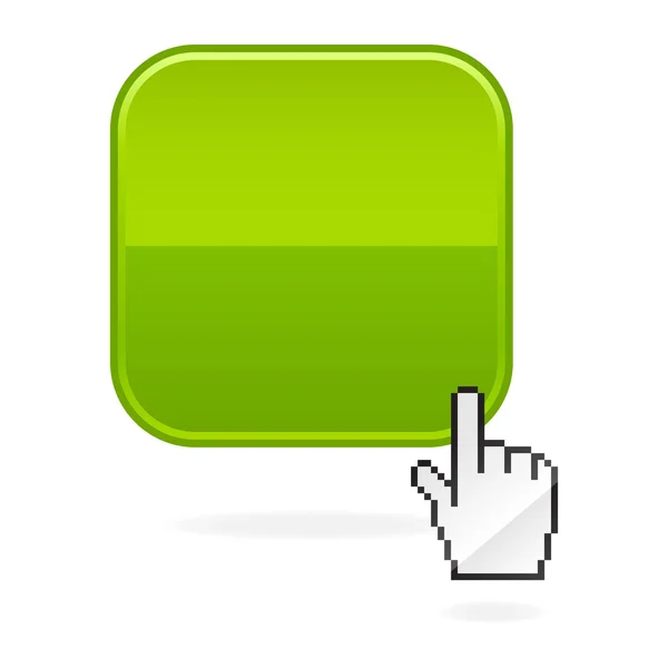 Grün glänzend blanko runde Quadrate Taste und Cursor-Hand mit Schatten auf weiß — Stockvektor