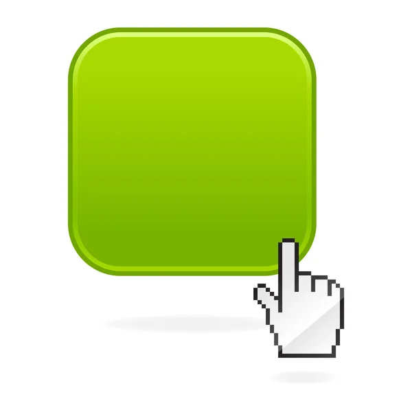 Green glossy blank rounded squares button and cursor hand with shadow on white — Stock Vector