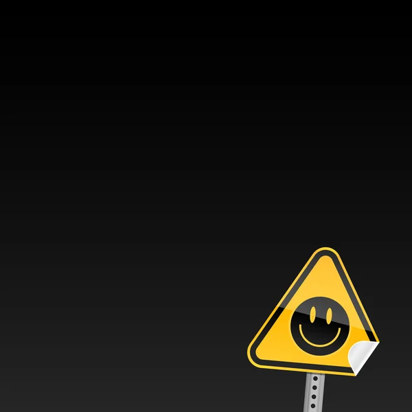 Malé žluté silnici varovný signál s černým smajlík symbol s zakřivený roh — Stockový vektor