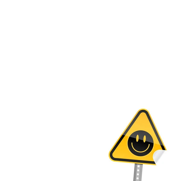 Kleines gelbes Verkehrswarnschild mit schwarzem Smiley-Symbol mit gebogener Ecke — Stockvektor