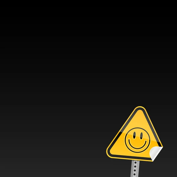 Kleines gelbes Verkehrswarnschild mit Smiley-Symbol mit gebogener Ecke — Stockvektor