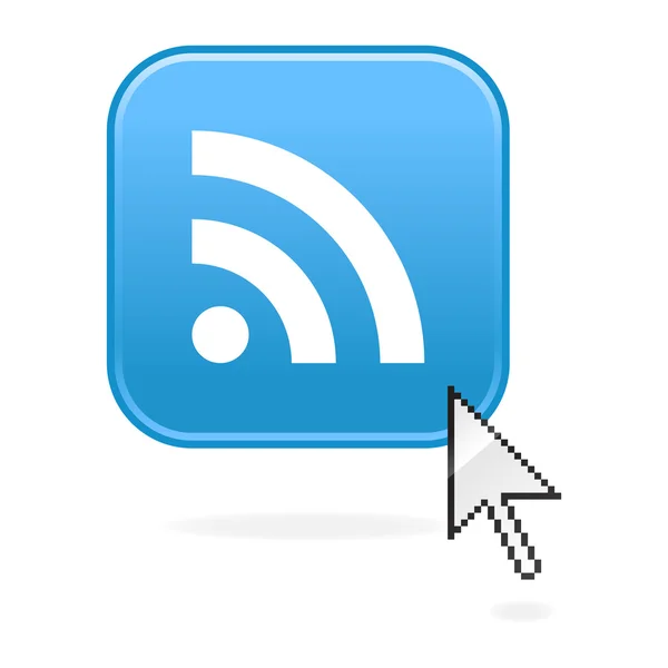 RSS botão da web internet com cursor. forma quadrada arredondada azul com sombra de gota. Fundo branco — Vetor de Stock