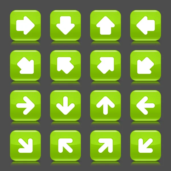 Verde botón web brillante con el signo de flecha blanca. Icono de internet redondeado en forma cuadrada con sombra y reflejo sobre fondo gris oscuro. Esta ilustración vectorial guardada en 8 eps — Vector de stock