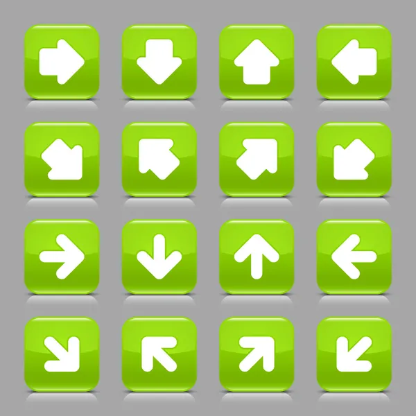 Groene glossy web knop met witte pijl teken. afgerond vierkant pictogram internet met schaduw en reflectie op de lichtgrijze achtergrond. Deze vectorillustratie gemaakt en opgeslagen in 8 eps — Stockvector