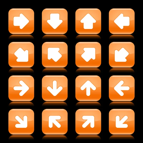 Oranje glossy web knop met witte pijl teken. afgerond vierkant pictogram internet met schaduw en reflectie op zwarte achtergrond. Deze vectorillustratie opgeslagen in 8 eps — Stockvector
