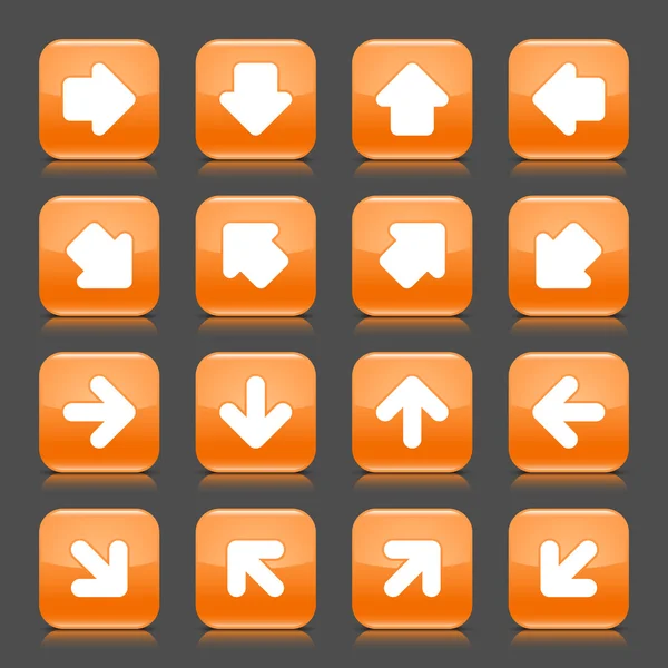 Bouton web brillant orange avec signe de flèche blanche. Icône internet de forme carrée arrondie avec ombre et réflexion sur fond gris foncé. Cette illustration vectorielle enregistrée en 8 eps — Image vectorielle