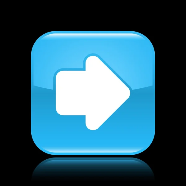 Botão azul brilhante web 2.0 com sinal de seta. Forma quadrada arredondada com reflexão sobre fundo preto — Vetor de Stock