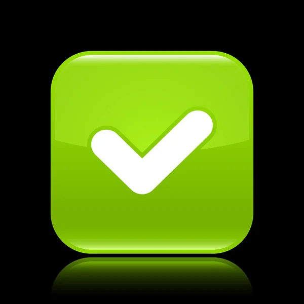 Verde brillante web 2.0 botón con señal de verificación. Forma cuadrada redondeada con reflexión sobre fondo negro — Archivo Imágenes Vectoriales