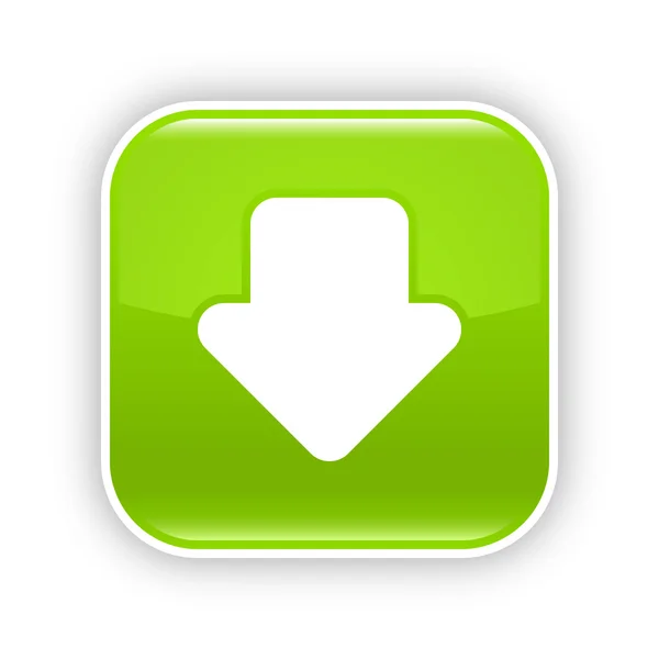 Groene glossy web 2.0 knop met download pijl teken. afgerond vierkant sticker met schaduw op wit. 10 eps — Stockvector