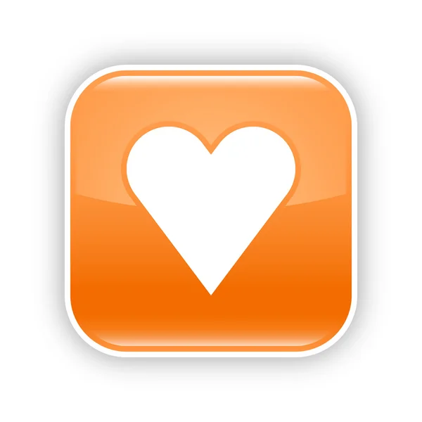 Pulsante web arancione lucido con segno cardiaco. Icona arrotondata di forma quadrata con ombra e riflessione su sfondo bianco. Questa illustrazione vettoriale creata e salvata in 8 eps — Vettoriale Stock