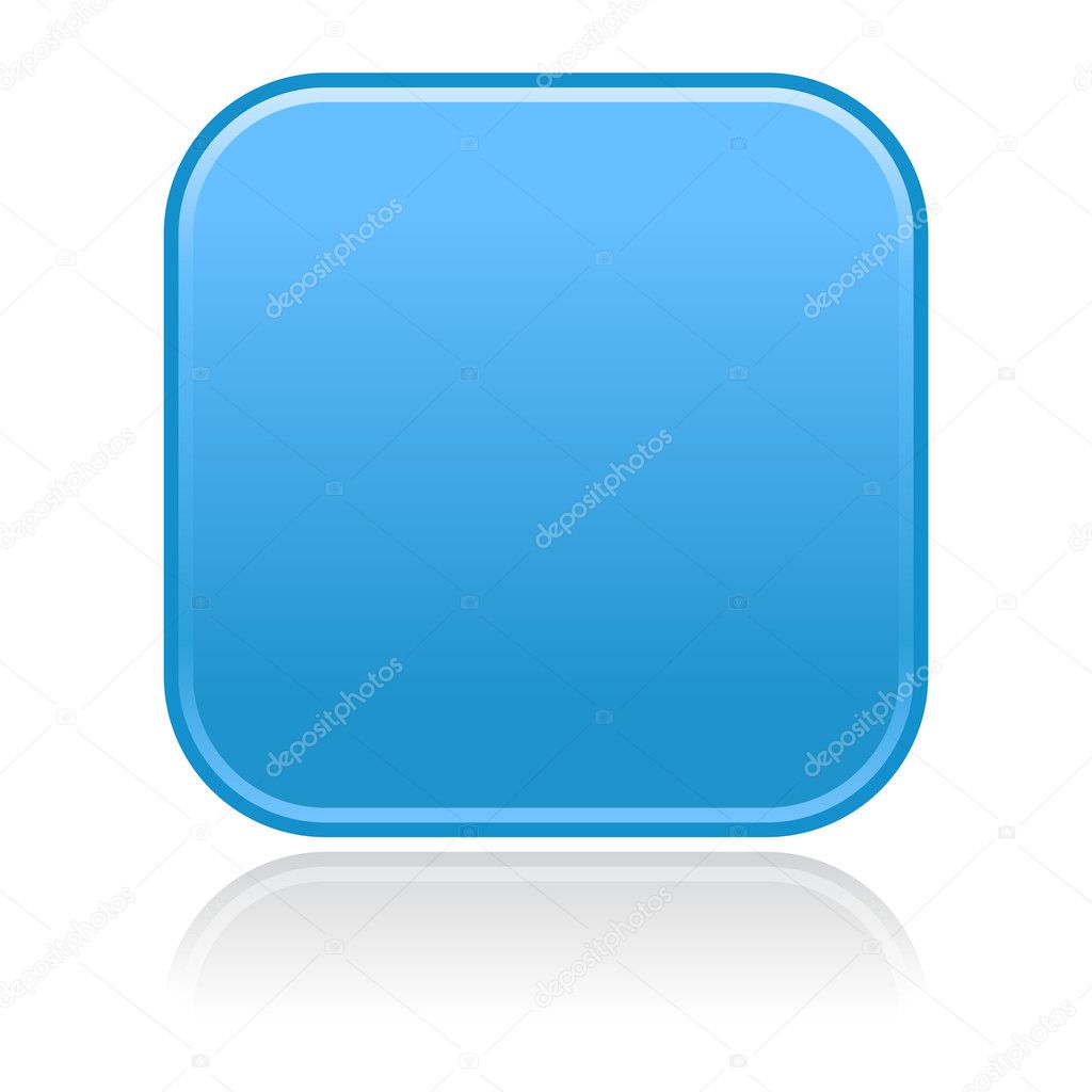 Matted blue satin blank rounded squares buttons with drop shadow on white background