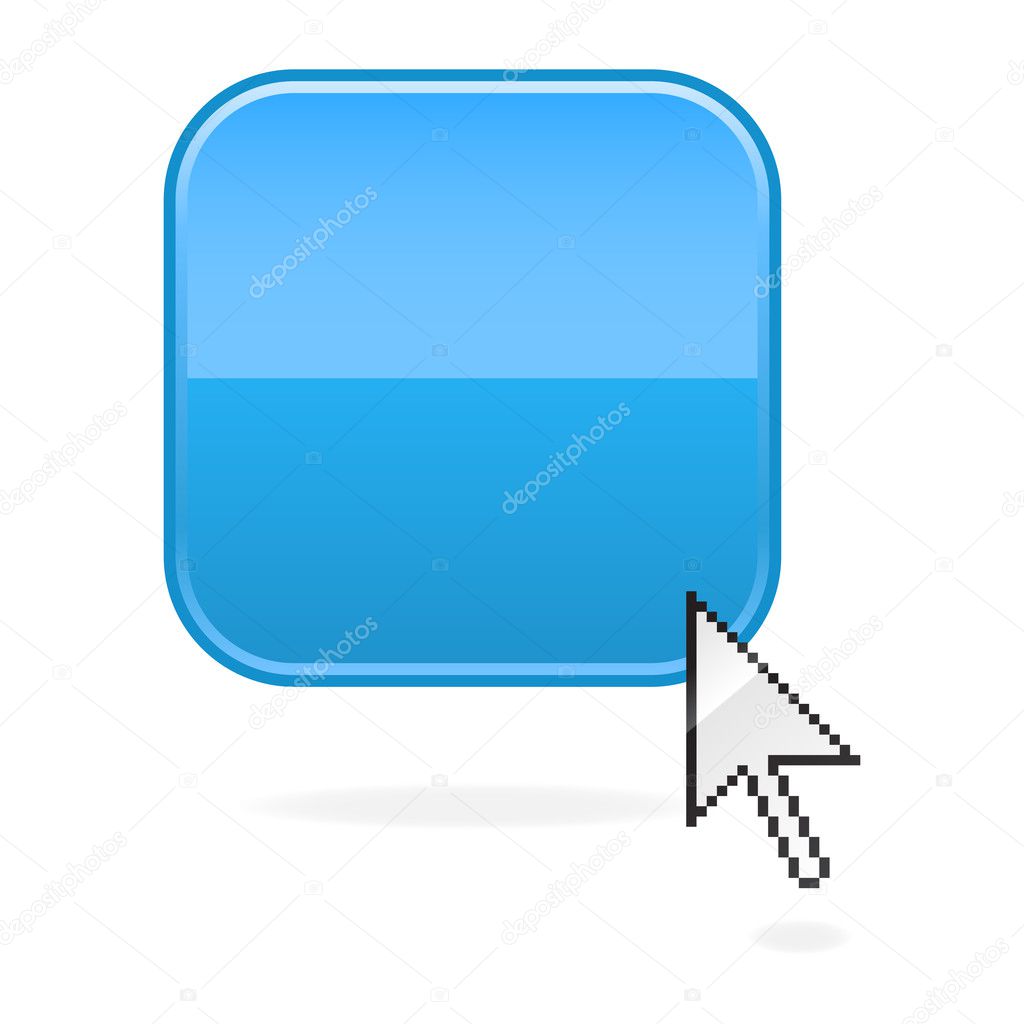 Blue glossy blank rounded squares button and cursor with drop shadow on white