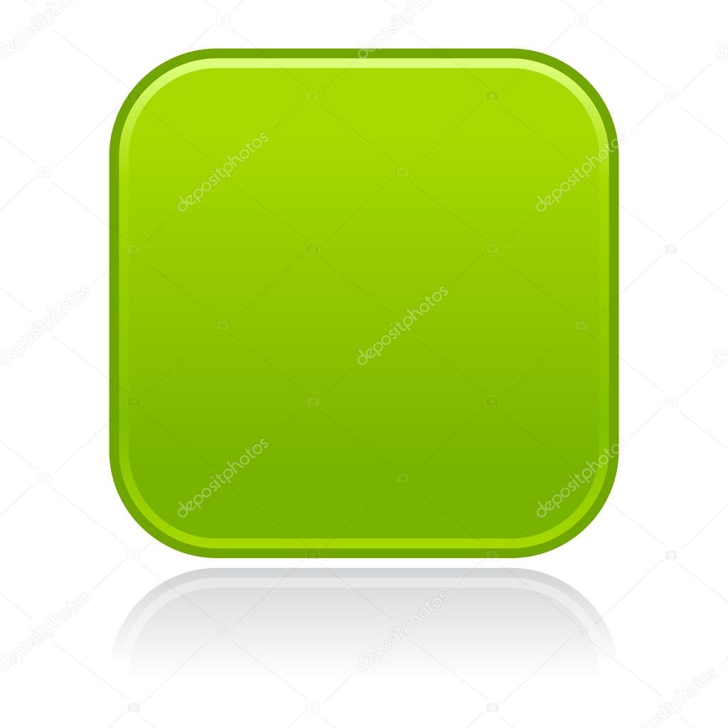 Green glossy blank internet button. Rounded square shape icon with black shadow and gray reflection on white background. This vector illustration created and saved in 8 eps