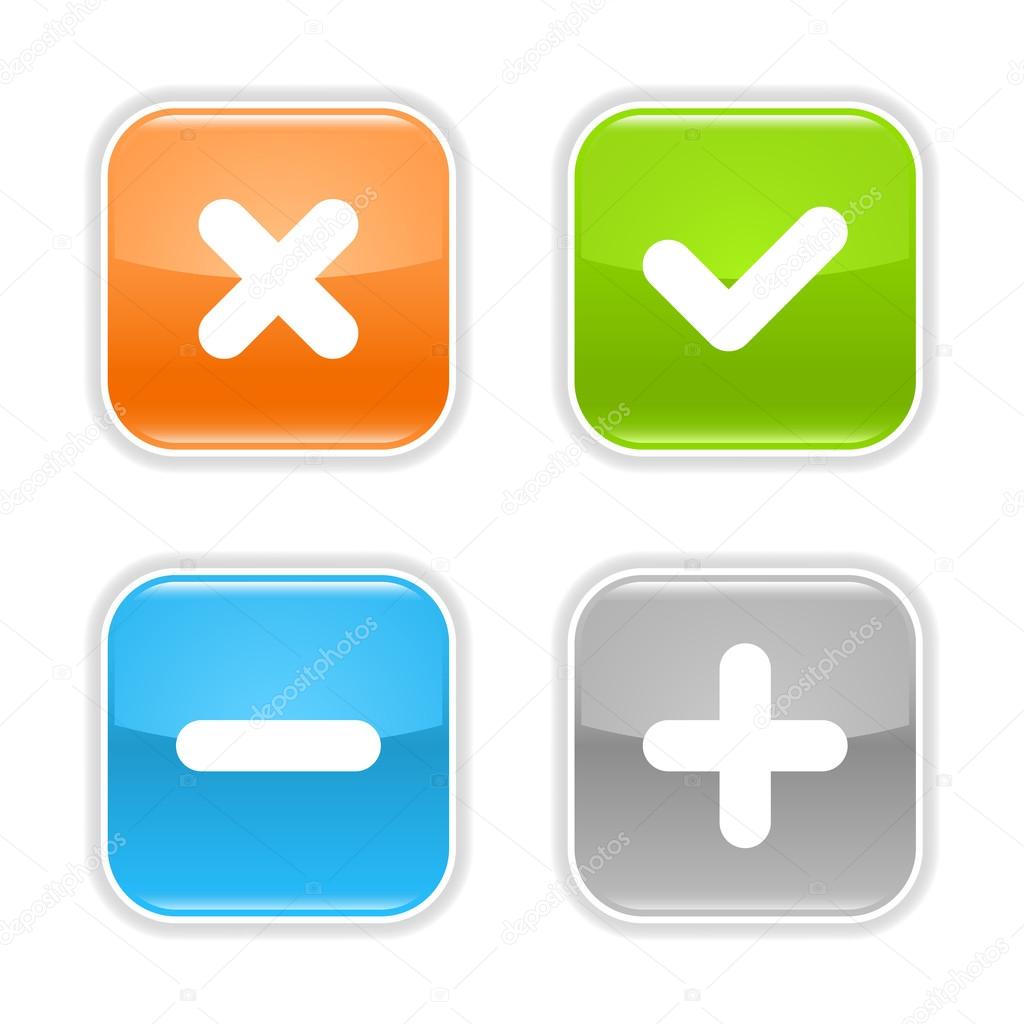 Colored glossy rounded square buttons with validation sign with drop shadow on white