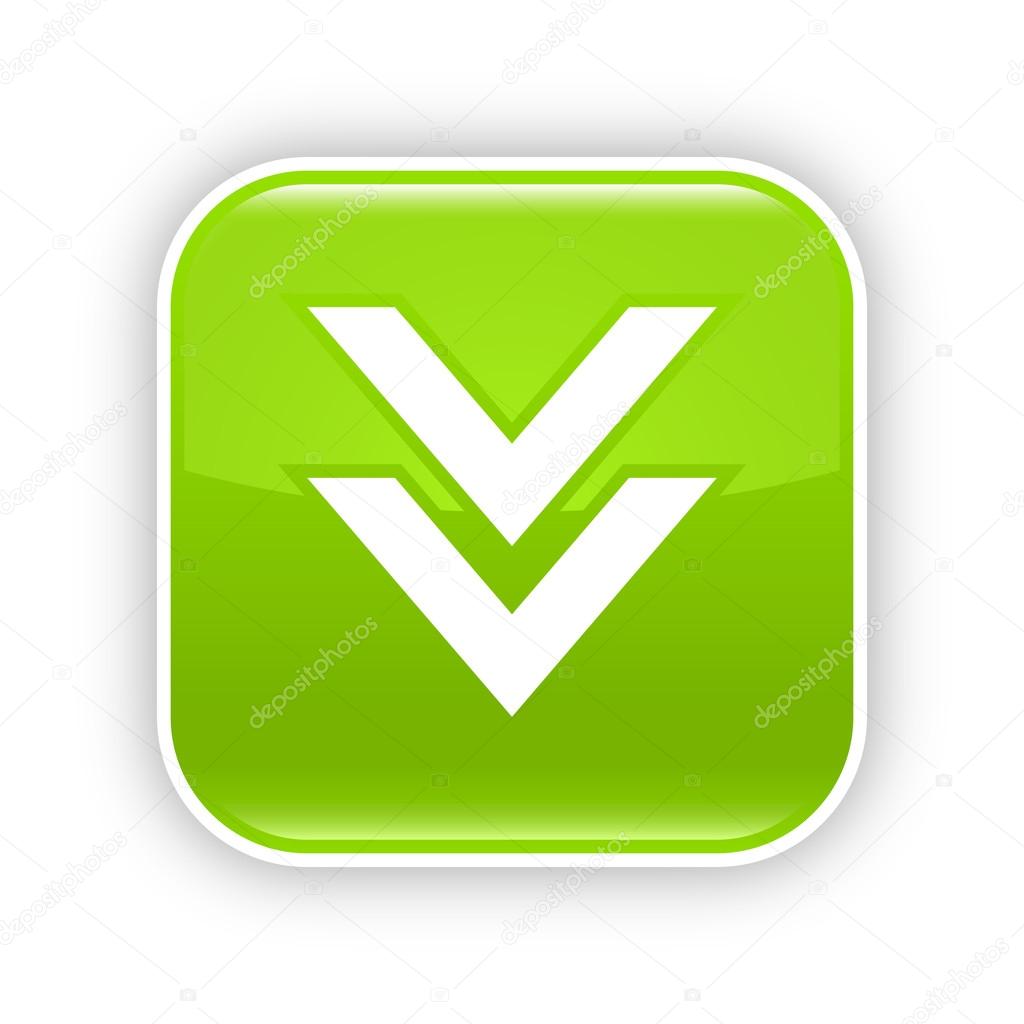 Green glossy web 2.0 button with download icon. Rounded square sticker with shadow on white. 10 eps