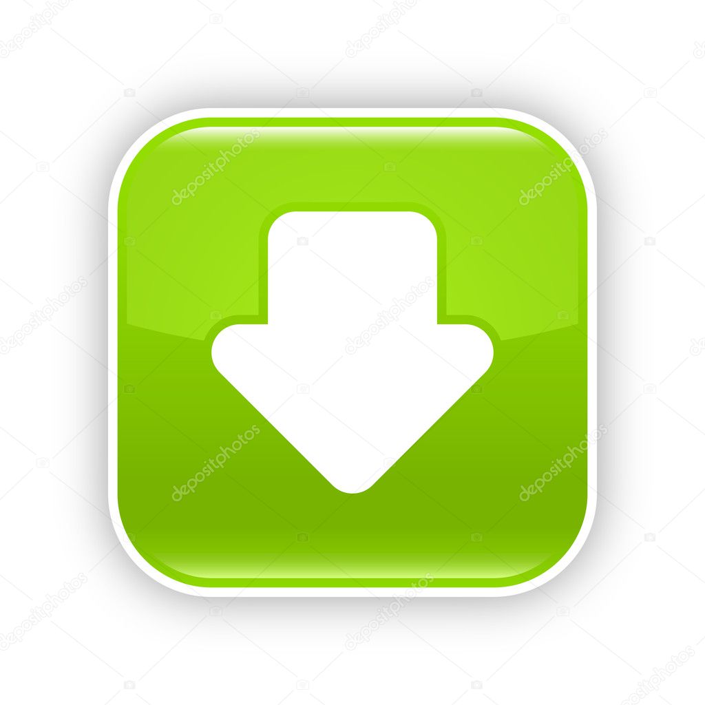 Green glossy web 2.0 button with download arrow sign. Rounded square sticker with shadow on white. 10 eps