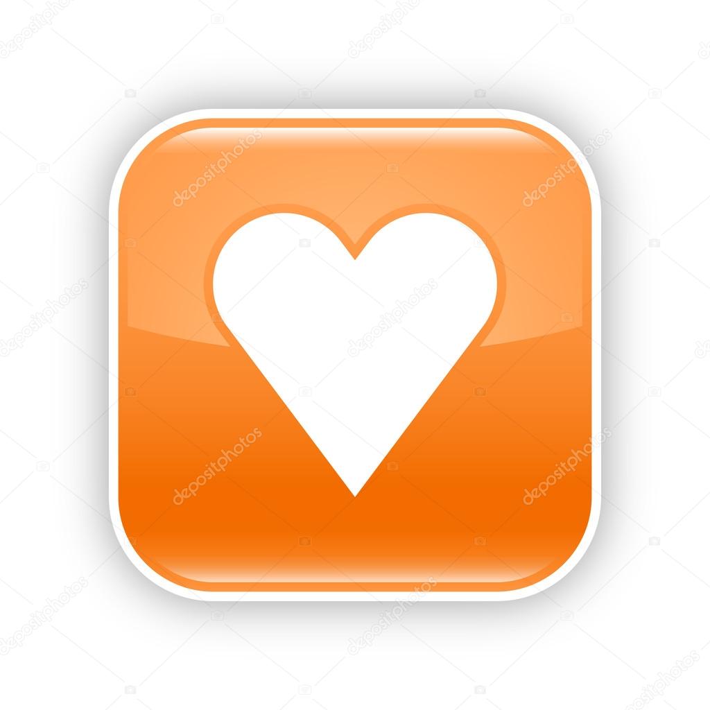 Orange glossy web button with heart sign. Rounded square shape icon with shadow and reflection on white background. This vector illustration created and saved in 8 eps