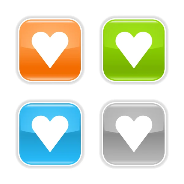 Colorful internet web buttons with heart sign. Rounded square shape with gray reflection. White background — Stock Vector