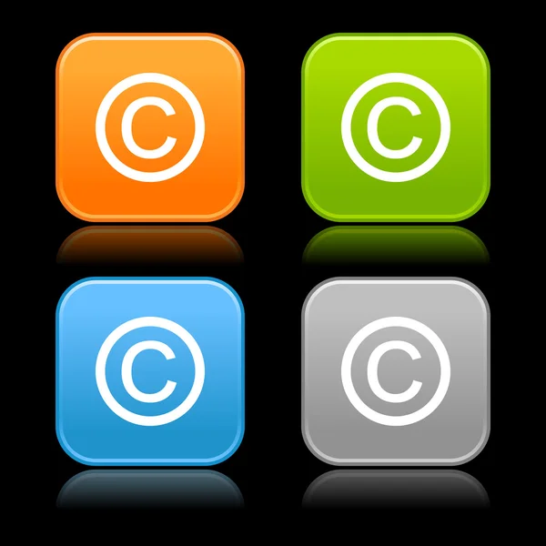 Glänzend farbige runde quadratische Tasten mit Urheberrechtszeichen mit Reflexion auf schwarzem Hintergrund — Stockvektor