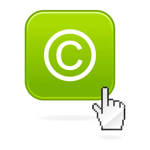 Matné zelené tlačítka se symbol autorských práv a kurzor ruky na bílém pozadí — Stockový vektor